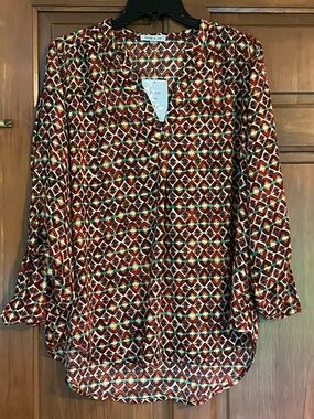 Brande New Multi Geometric V-Neck Tunic Floral and Ivy brown gold green +